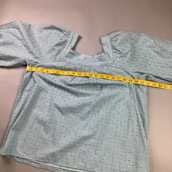 Womens Light Blue 3/4 Puff Sleeve Top Square Neck Silver Embroidery Pattern Lg - Picture 2 of 7